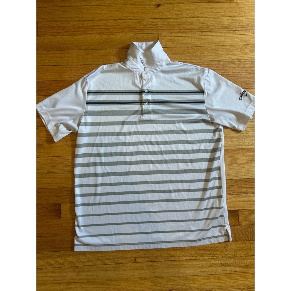 Callaway Mens Opti-Dri Golf Polo Shirt White Grey Striped Short Sleeve Size M